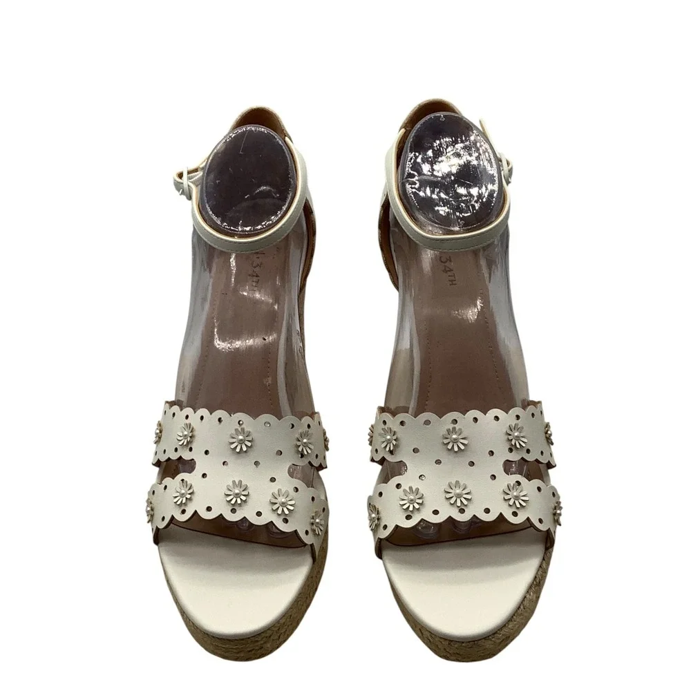 On 34th Theodoreep White Linen Scalloped Floral Espadrille Wedge Sandals Size 10